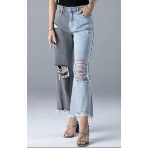 Ceros Two Tone Super High Rise Distress Crop Wide Denim 30 26" Inseam